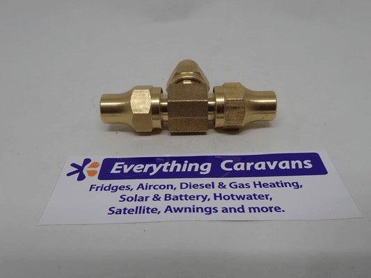 Brass Gas fitting 5-16 Flare Three Way Tee for 5-16 Copper Pipe with Flare Nuts 2352 - Everything Caravans