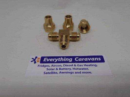 Brass Gas fitting 5-16 Flare Three Way Tee for 5-16 Copper Pipe with Flare Nuts 2352 - Everything Caravans