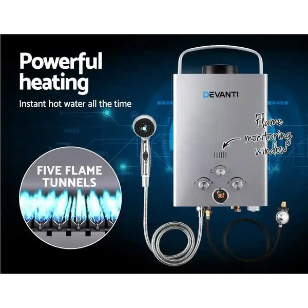 Devanti Outdoor Portable Gas Hot Water Heater Shower Camping LPG Caravan Pump Silver - Everything Caravans