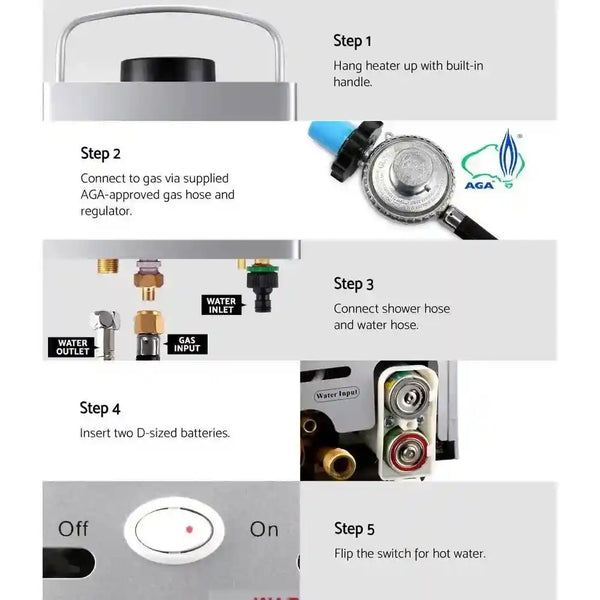 Devanti Outdoor Portable Gas Hot Water Heater Shower Camping LPG Caravan Pump Silver - Everything Caravans