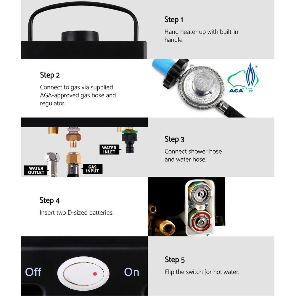 Devanti Portable Gas Water Heater Hot Shower Camping LPG Outdoor instant 4Wd Black - Everything Caravans