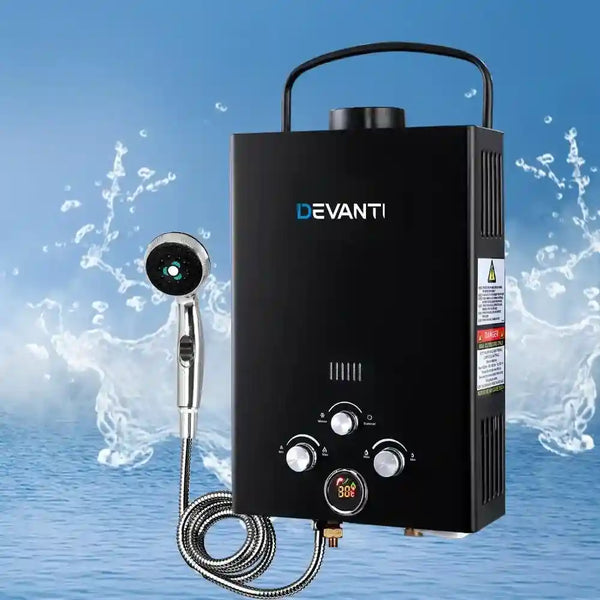 Devanti Portable Gas Water Heater Hot Shower Camping LPG Outdoor instant 4Wd Black - Everything Caravans