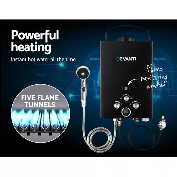 Devanti Portable Gas Water Heater Hot Shower Camping LPG Outdoor instant 4Wd Black - Everything Caravans