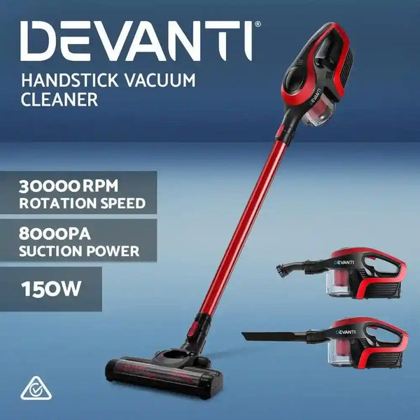 Devanti Cordless Stick Vacuum Cleaner - Black andred - Everything Caravans
