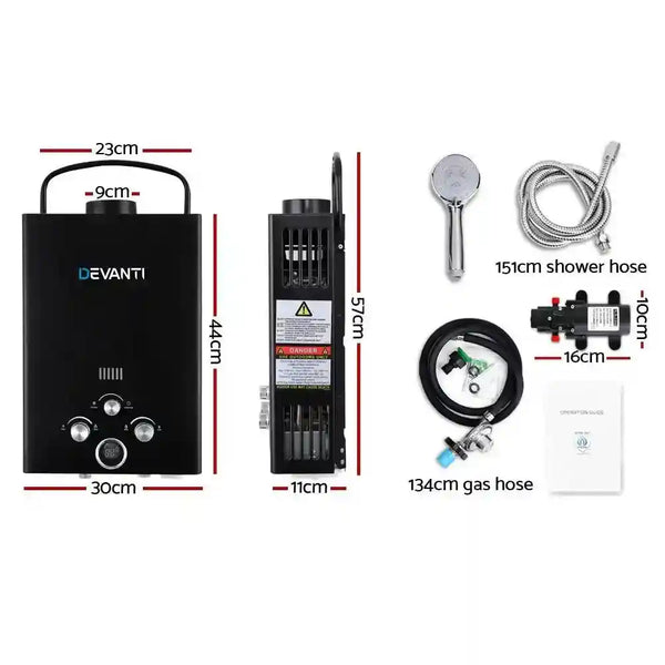 Outdoor Portable LPG Hot Water Heater with 12v Water Pump Black - Everything Caravans