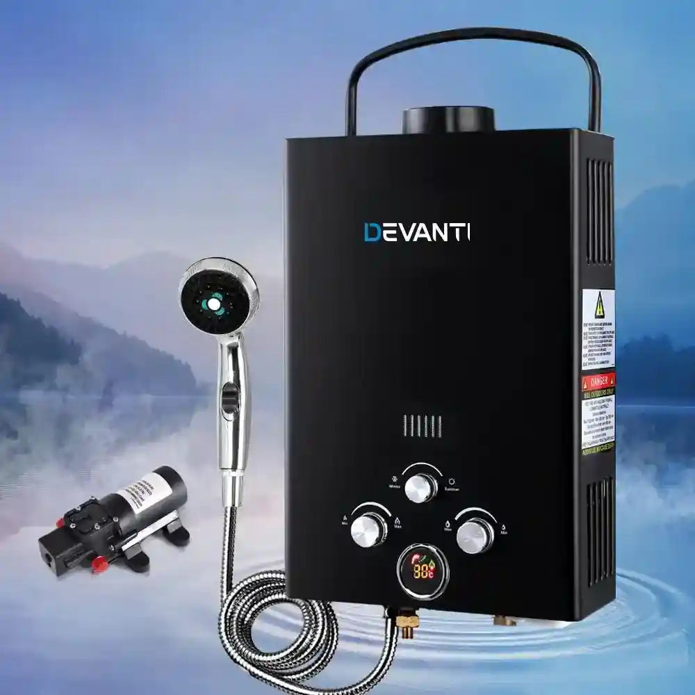 Outdoor Portable LPG Hot Water Heater with 12V Water Pump Black -  Everything Caravans
