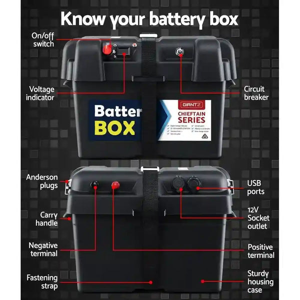 Battery Box Universal Large with USB Cigarette and Anderson Plugs - Everything Caravans