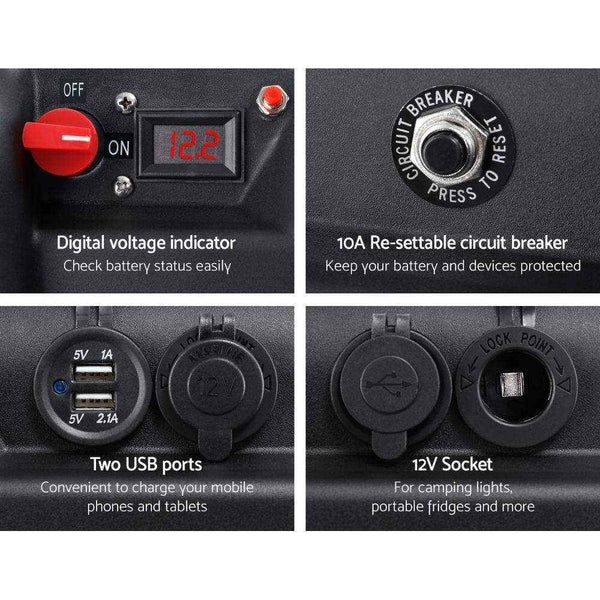 Battery Box Universal Large with USB Cigarette and Anderson Plugs - Everything Caravans