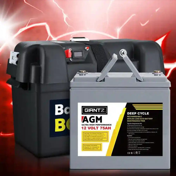 75Ah Deep Cycle Battery and Box 12v Agm - Everything Caravans