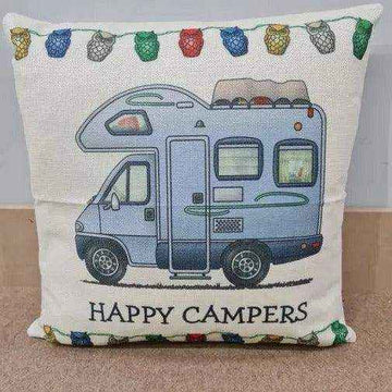 Happy Campers Pillow Cushion - Motor Home Blue - Everything Caravans