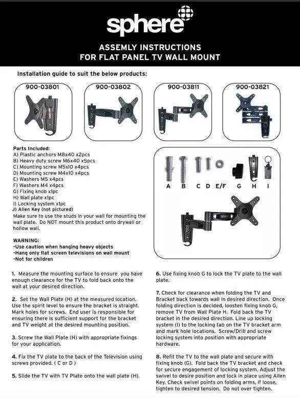 Sphere Ekon Quick Release TV Bracket Single Arm 15Kg Capacity - Everything Caravans