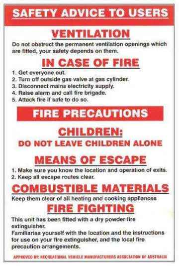 LPG Caravan Appliance Safety Advice to User Sticker - Everything Caravans
