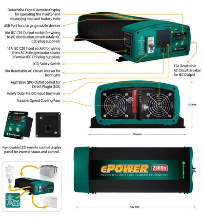 Epower 2000W 12v True Sine Wave Inverter with AC Transfer and Safety Switch - Everything Caravans
